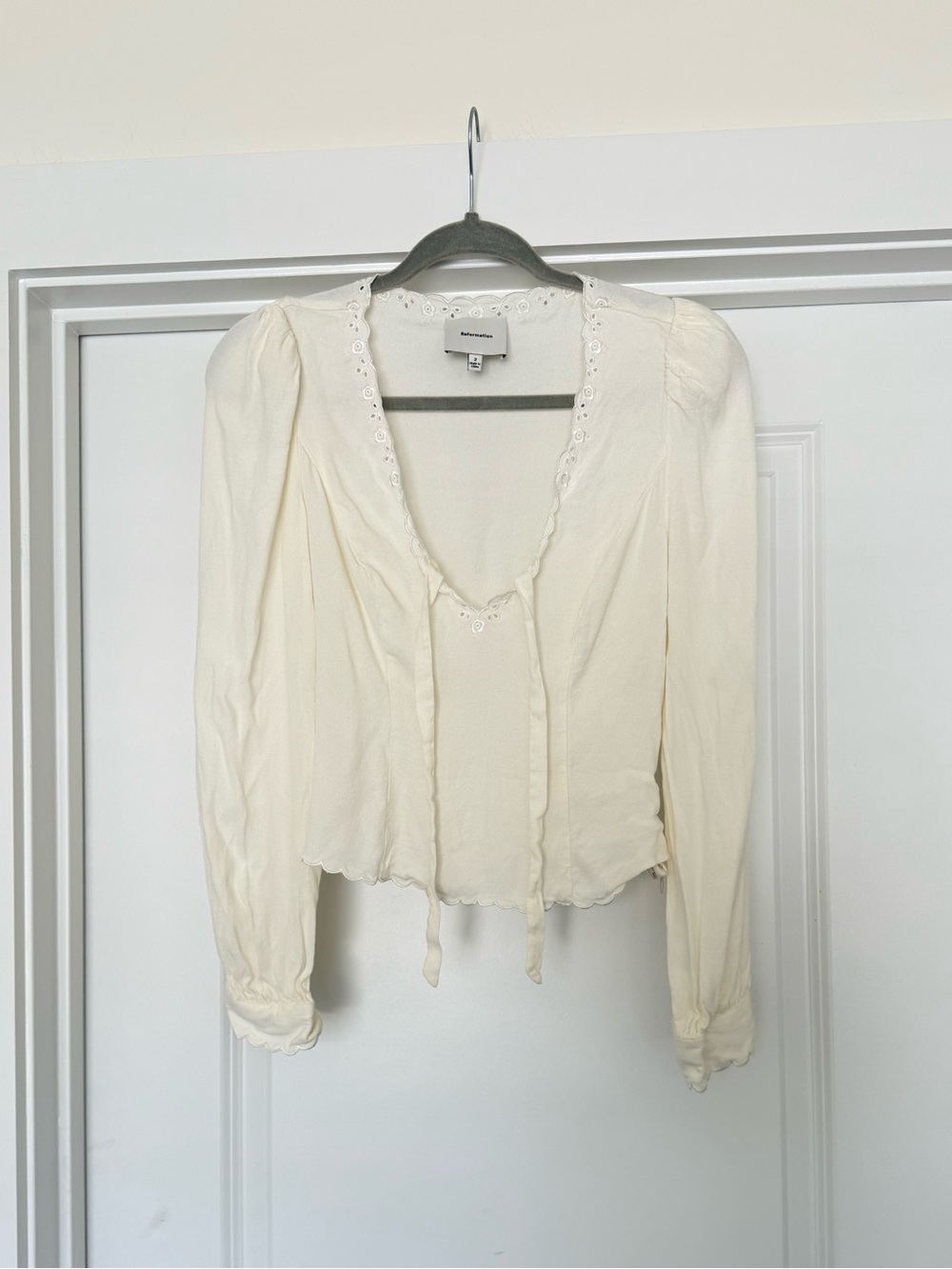Reformation Ivory Scalloped Tie-Neck Blouse - Picture 5 of 8
